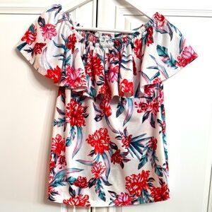 Magazine Size Large Elastic Ruffle Neckline Off ShoulderTop White Pink Red Print